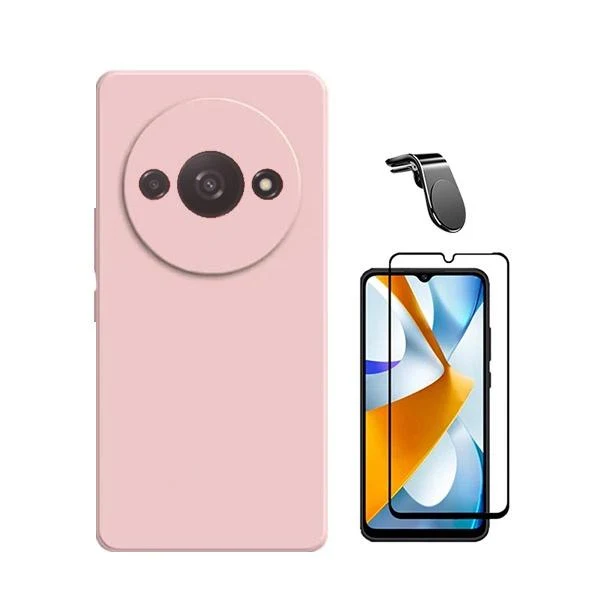 Kit Vidro Premium Full Cover + Capa Silicone Líquido + Suporte Magnético L Safe Driving Carro para Xiaomi Redmi A3 - Rosa