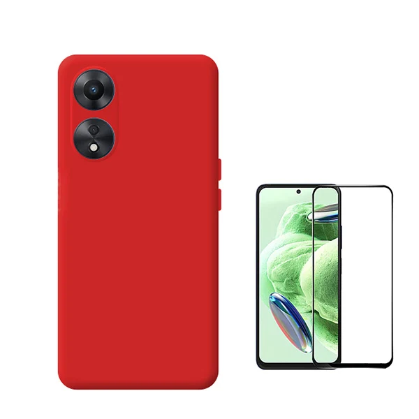 Kit Vidro Premium Full Cover + Capa Silicone Líquido para Oppo A1 5G - Vermelho