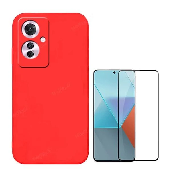 Kit Vidro Premium Full Cover + Capa Silicone Líquido para Oppo Reno11 F - Vermelho