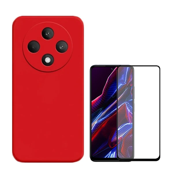 Kit Vidro Premium Full Cover + Capa Silicone Líquido para Oppo Reno12 F 4G - Vermelha