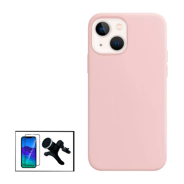 Kit Vidro Premium Full Cover + Capa Silicone Líquido + Suporte Magnético de Carro Reforçado para Apple iPhone 13 Mini - Rosa