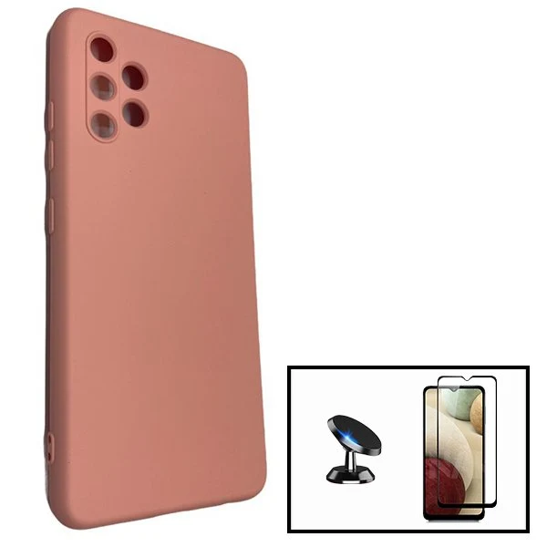 Kit Vidro Premium Full Cover + Capa Silicone Líquido + Suporte Magnético de Carro para Samsung Galaxy A32 5G - Rosa