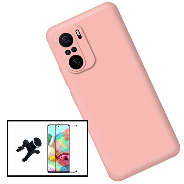 Kit Vidro Premium Full Cover + Capa Silicone Líquido + Suporte Magnético de Carro Reforçado para Xiaomi Redmi Note 10 - Rosa