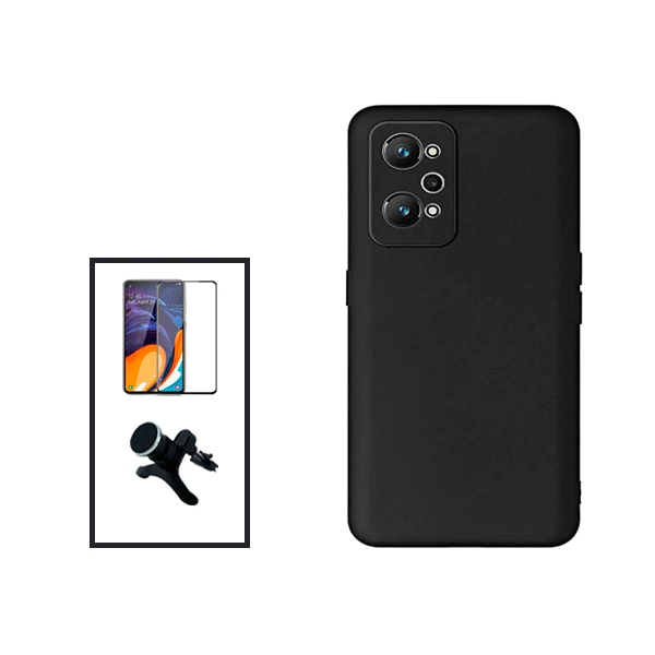Kit Vidro Premium Full Cover + Capa Silicone Líquido + Suporte Magnético de Carro Reforçado para Realme Gt Neo2 - Preto