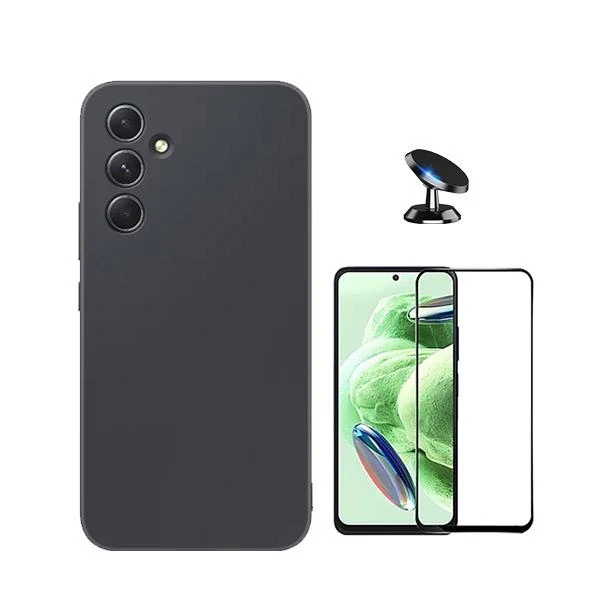 Kit Vidro Premium Full Cover + Capa Silicone Líquido + Suporte Magnético de Carro para Samsung Galaxy A35 5G - Preto