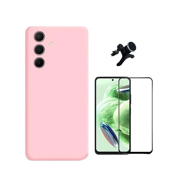 Kit Vidro Premium Full Cover + Capa Silicone Líquido + Suporte Magnético de Carro Reforçado para Samsung Galaxy A35 5G - Rosa