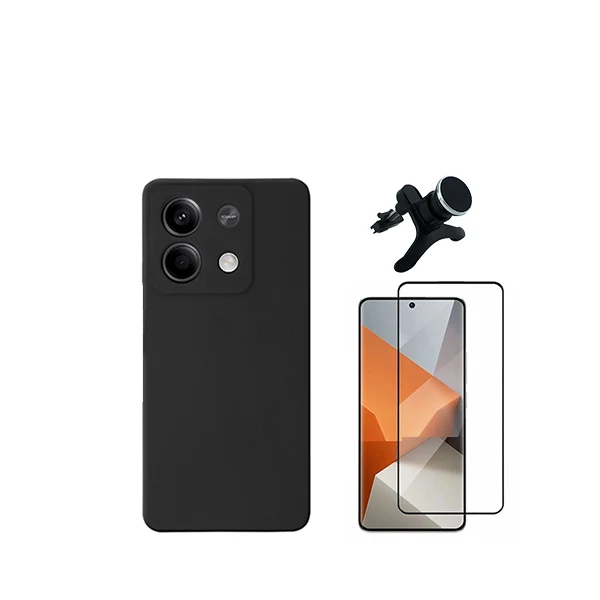 Kit Vidro Premium Full Cover + Capa Silicone Líquido + Suporte Magnético de Carro Reforçado para Xiaomi Redmi Note 13 Pro...