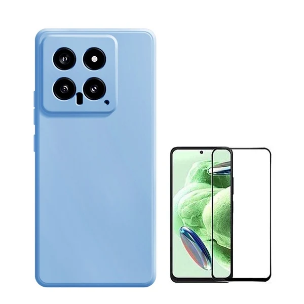 Kit Vidro Premium Full Cover + Capa Silicone Líquido para Xiaomi 14 - Azul Claro