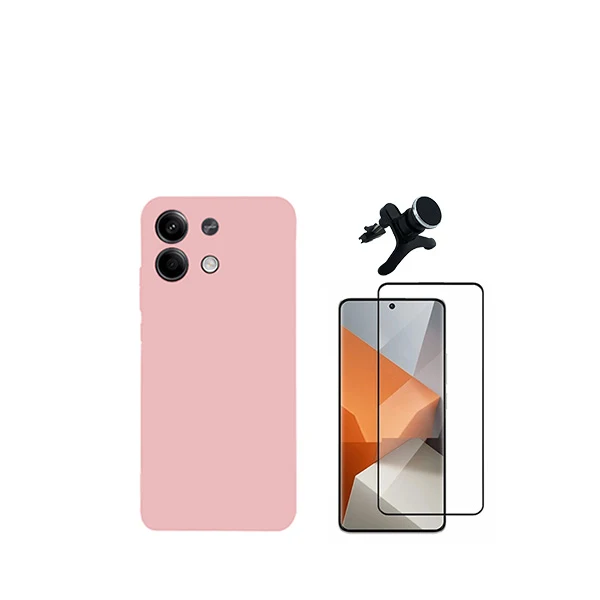 Kit Vidro Premium Full Cover + Capa Silicone Líquido + Suporte Magnético de Carro Reforçado para Xiaomi Redmi Note 13 - Rosa