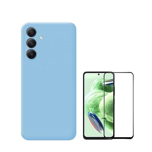 Kit Vidro Premium Full Cover + Capa Silicone Líquido para Samsung Galaxy A35 5G - Azul Claro