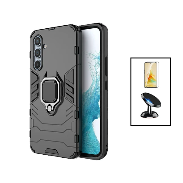 Kit Vidro Premium Full Cover + Capa 3X1 Military Defender + Suporte Magnético de Carro para Samsung Galaxy A55 5G - Preto