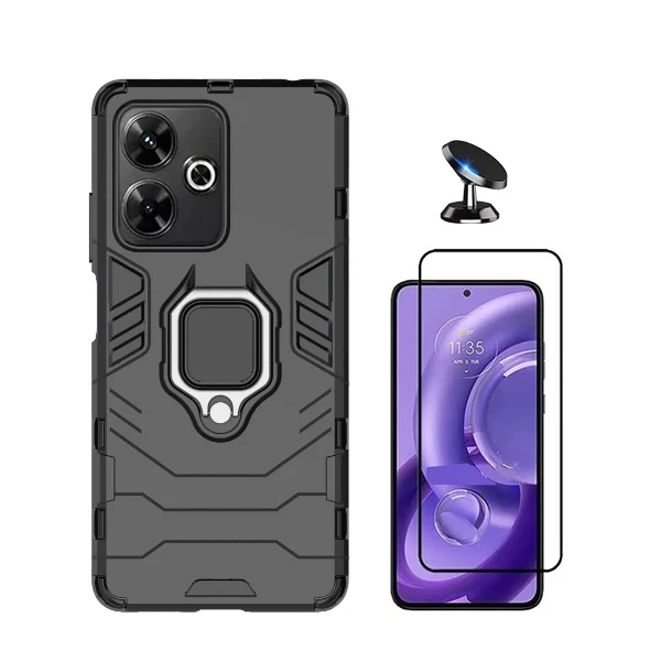 Kit Vidro Premium Full Cover + Capa 3x1 Military Defender + Suporte Magnético de Carro para Xiaomi Poco M6 4G - Preto
