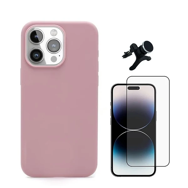 Kit Vidro Premium Full Cover + Capa Silicone Líquido + Suporte Magnético de Carro Reforçado para Apple iPhone 16 Pro Max -...