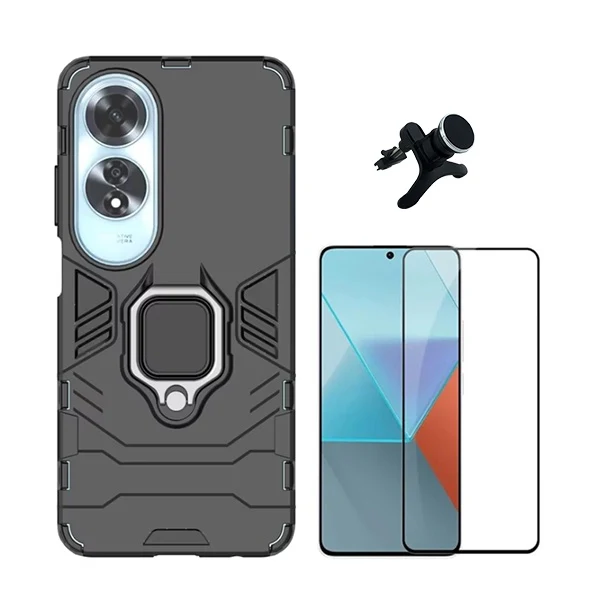Kit Vidro Premium Full Cover + Capa 3x1 Military Defender + Suporte Magnético de Carro Reforçado para Oppo A60 - Preto