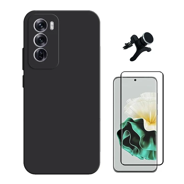 Kit Vidro Premium Full Cover + Capa Silicone Líquido + Suporte Magnético de Carro Reforçado para Oppo Reno12 - Preto