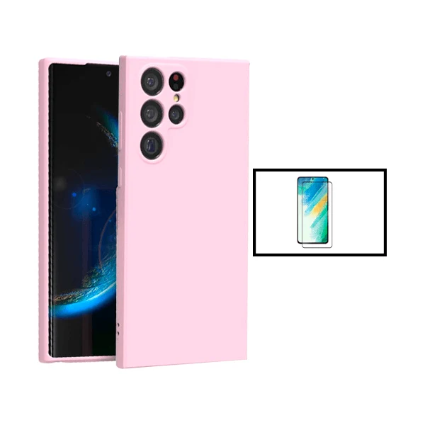 Kit Vidro Premium Full Cover + Capa Silicone Líquido para Samsung Galaxy S24 Ultra 5G - Rosa
