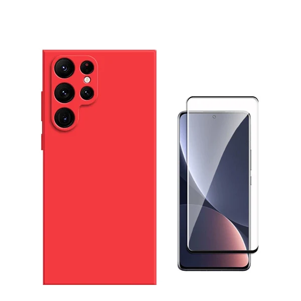 Kit Vidro Premium Full Cover + Capa Silicone Líquido para Samsung Galaxy S24 Ultra 5G - Vermelho