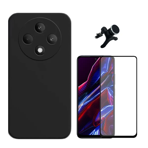 Kit Vidro Premium Full Cover + Capa Silicone Líquido + Suporte Magnético de Carro Reforçado para Oppo Reno12 F 5G - Preto