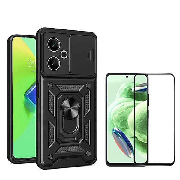 Kit Vidro Premium Full Cover + Capa Magnetic Military Defender Slide para Xiaomi Redmi 13 - Preto