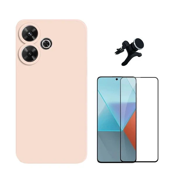 Kit Vidro Premium Full Cover + Capa Silicone Líquido + Suporte Magnético de Carro Reforçado para Xiaomi Redmi 13 5G - Rosa