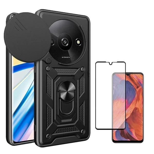 Kit Vidro Premium Full Cover + Capa Magnetic Military Defender Slide Window Anti-Impacto para Xiaomi Redmi A3 - Preto