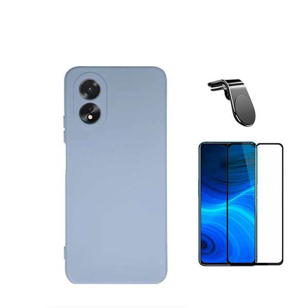 Kit Vidro Premium Full Cover + Capa Silicone Líquido + Suporte Magnético L Safe Driving Carro para Oppo A38 4G - Azul Claro