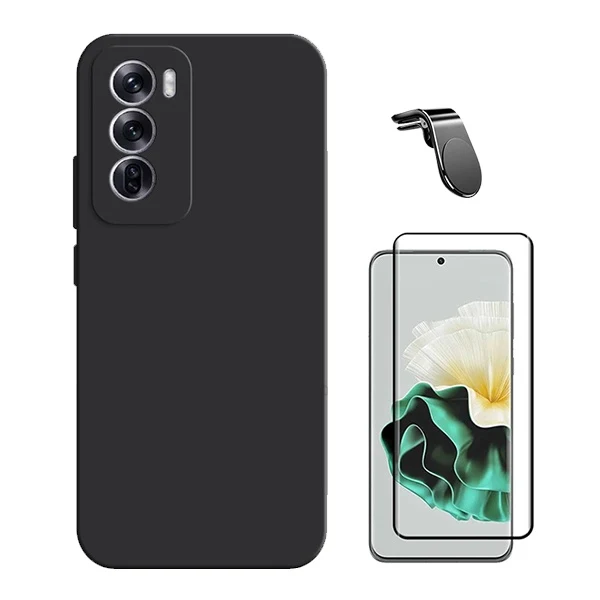 Kit Vidro Premium Full Cover + Capa Silicone Líquido + Suporte Magnético L Safe Driving Carro para Oppo Reno12 - Preto