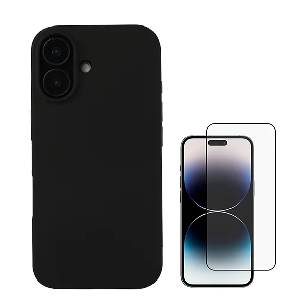 Kit Vidro Premium Full Cover + Capa Silicone Líquido para Apple iPhone 16 Plus - Preto