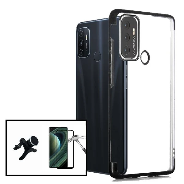 Kit Vidro Premium Full Cover + Capa SlimArmor + Suporte Magnético de Carro Reforçado para Oppo A32 - Preto