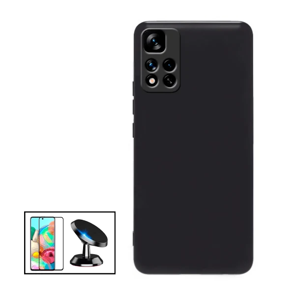 Kit Vidro Premium Full Cover + Capa Silicone Líquido + Suporte Magnético de Carro para Xiaomi Poco X4 NFC - Preto