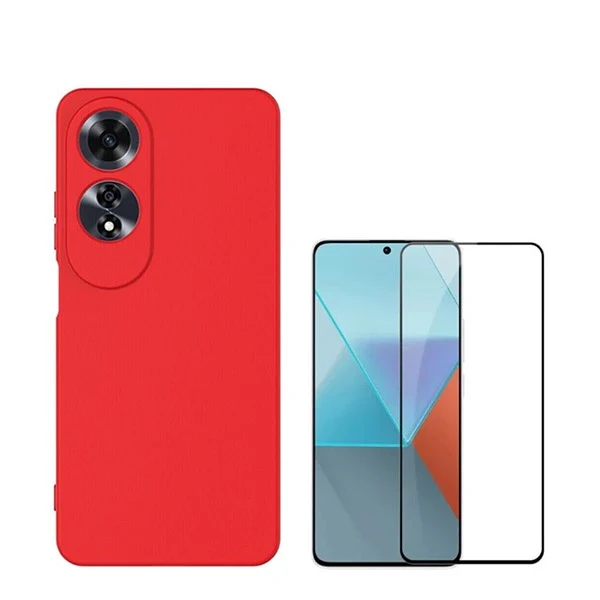 Kit Vidro Premium Full Cover + Capa Silicone Líquido para Oppo A60 - Vermelho