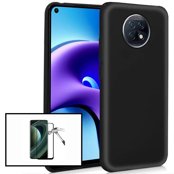 Kit Vidro Premium Full Cover + Capa Silicone Líquido para Xiaomi Redmi Note 9 5G - Preto