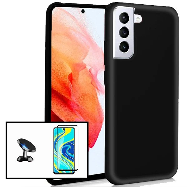 Kit Vidro Premium Full Cover + Capa Silicone Líquido + Suporte Magnético de Carro para Samsung Galaxy S21 Ultra 5G - Preto