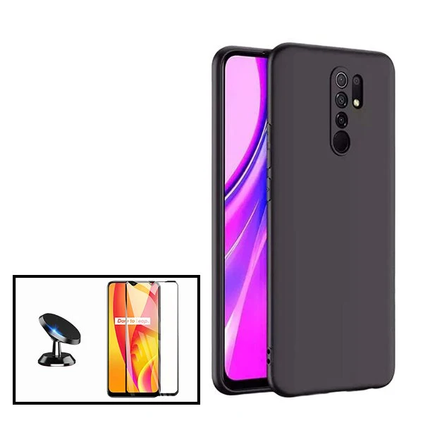 Kit Vidro Premium Full Cover + Capa Silicone Líquido + Suporte Magnético de Carro para Xiaomi Redmi 9 - Preto