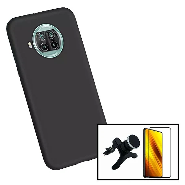 Kit Vidro Premium Full Cover + Capa Silicone Líquido + Suporte Magnético de Carro Reforçado para Xiaomi Poco X3 Pro - Preto
