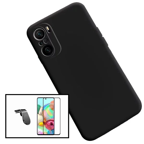 Kit Vidro Premium Full Cover + Capa Silicone Líquido + Suporte Magnético L Safe Driving Carro para Xiaomi Poco F3