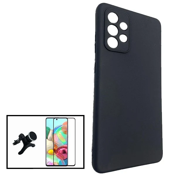 Kit Vidro Premium Full Cover + Capa Silicone Líquido + Suporte Magnético de Carro Reforçado para Samsung Galaxy A72 - Preto