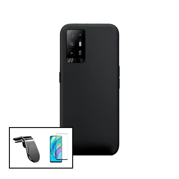 Kit Vidro Premium Full Cover + Capa Silicone Líquido + Suporte Magnético L Safe Driving Carro para Oppo Reno5 Z - Preto