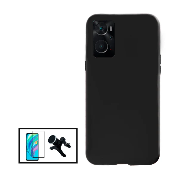 Kit Vidro Premium Full Cover + Capa Silicone Líquido + Suporte Magnético de Carro Reforçado para Oppo A36 - Preto
