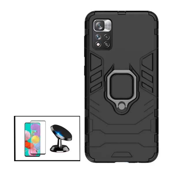 Kit Vidro Premium Full Cover + Capa 3X1 Military Defender + Suporte Magnético de Carro para Xiaomi Redmi Note 11 Pro