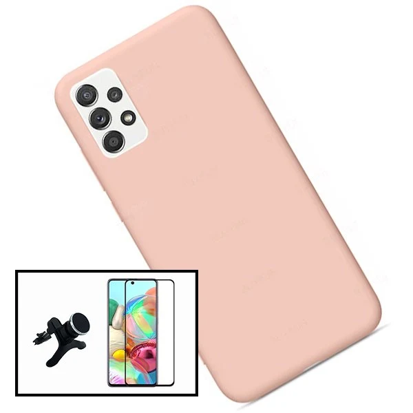 Kit Vidro Premium Full Cover + Capa Silicone Líquido + Suporte Magnético de Carro Reforçado para Samsung Galaxy A52 - Rosa