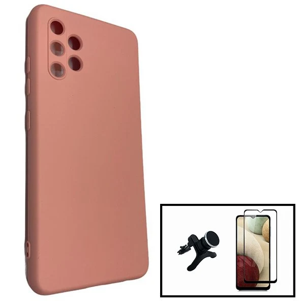 Kit Vidro Premium Full Cover + Capa Silicone Líquido + Suporte Magnético de Carro Reforçado para Samsung Galaxy A32 5G - Rosa