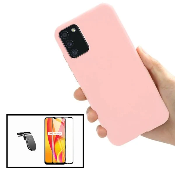 Kit Vidro Premium Full Cover + Capa Silicone Líquido + Suporte Magnético L Safe Driving Carro para Samsung Galaxy F02s - Rosa