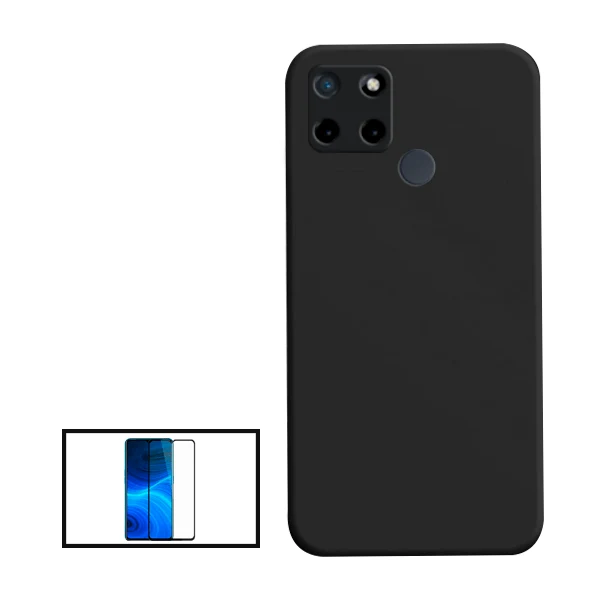 Kit Vidro Premium Full Cover + Capa Silicone Líquido para Realme Narzo 50A - Preto