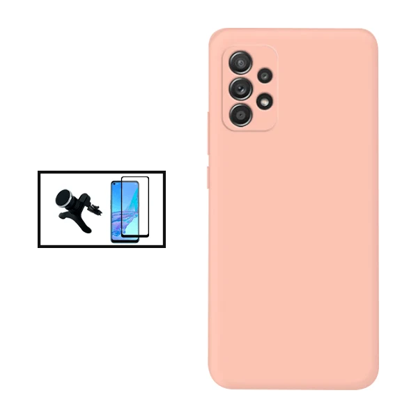 Kit Vidro Premium Full Cover + Capa Silicone Líquido + Suporte Magnético de Carro Reforçado para Samsung Galaxy A53 5G - Rosa