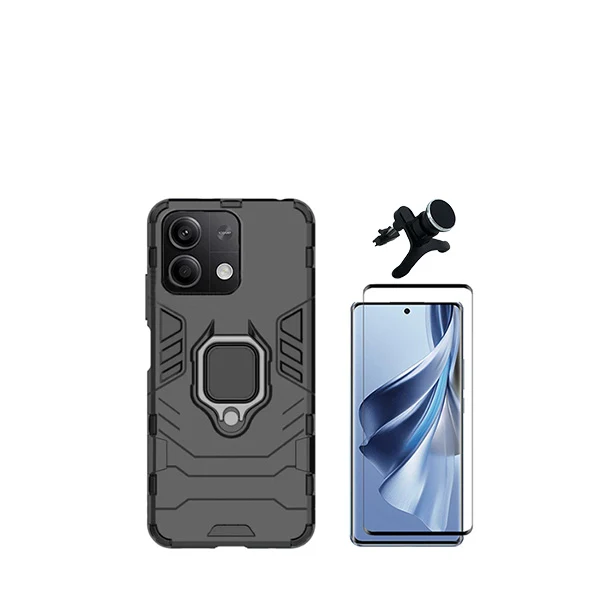 Kit Vidro Premium Full Cover + Capa 3X1 Military Defender + Suporte Magnético de Carro Reforçado para Xiaomi Redmi Note 13...