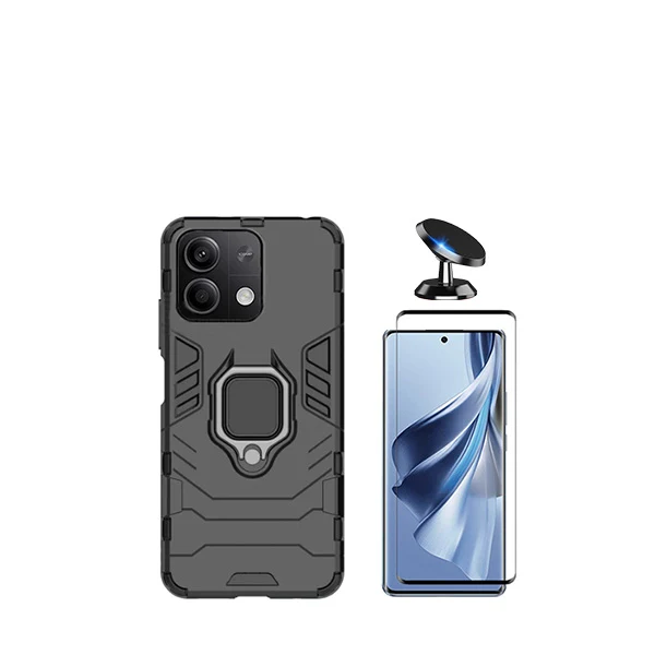 Kit Vidro Premium Full Cover + Capa 3X1 Military Defender + Suporte Magnético de Carro para Xiaomi Redmi Note 13 - Preto