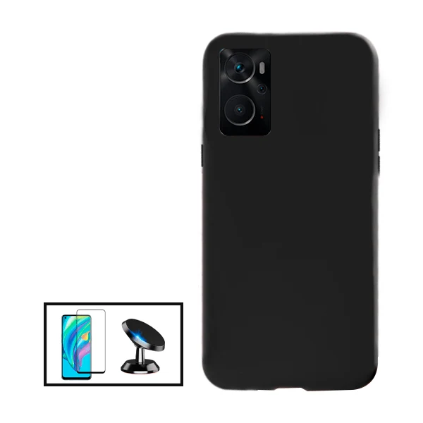 Kit Vidro Premium Full Cover + Capa Silicone Líquido + Suporte Magnético de Carro para Oppo A76 - Preto
