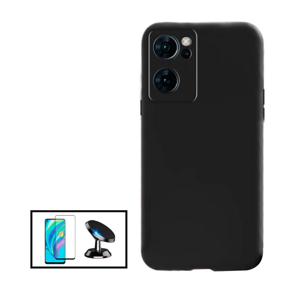 Kit Vidro Premium Full Cover + Capa Silicone Líquido + Suporte Magnético de Carro para Realme 9i - Preto