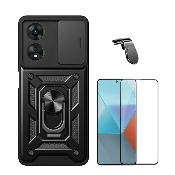 Kit Vidro Premium Full Cover + Capa Magnetic Military Defender Slide + Suporte Magnético L Safe Driving Carro para Oppo A6...